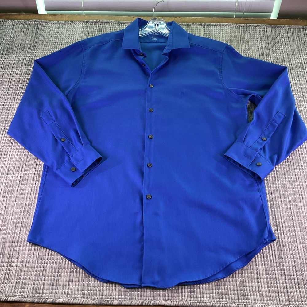 Calvin Klein Mens Slim Fit Dress Shirt Royal Blue Cotton Button Up 16 32/33 L
